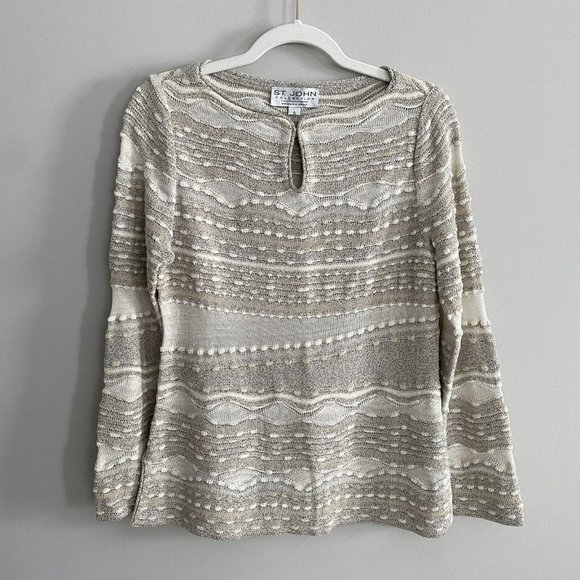 St. John Sweaters - St. John 3D Knit Sweater Womens Small S Beige Keyhole Long Sleeve FLAWED